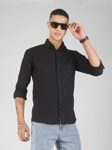 Image of Mens Cotton Lycra Full Sleeve Slim Fit Semi-Formal Shirt | Textured Pattern | Curved Hem