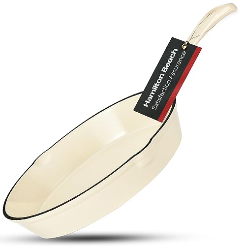 Image of Hamilton Beach Enameled Cast Iron Fry Pan 10-Inch Cream, Cream Enamel Coating, Skillet Pan for Stove Top and Oven