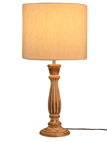 Image of Green Girgit Athens Wooden Lamp in Distress White Color with Jute White Shade, Vintage Style Table Lamp with Fluted Base & Beige Fabric Shade (LED Bulb Included)