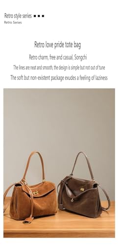 Vintage Suede Hobo Shoulder Bag, Brown Leather Trim, Gold-Tone Hardware, Large and Medium Size (Brown trumpet)3