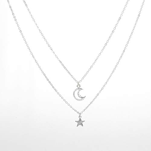 Jovono Multilayered Crescent Moon Pendant Necklaces Fashion Star Necklace Chain Jewelry for Women and Girls (Silver)