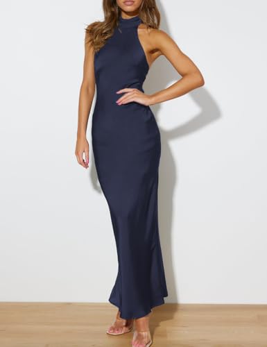 Image of Women Summer Satin Halter Neck Backless Formal Wedding Guest Maxi Dress