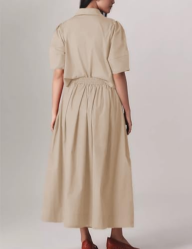 Image of Womens Summer 2 Piece Outfits Skirt Sets Button Short Sleeve Tops Elastic Waist Maxi Dress Sets with Pockets