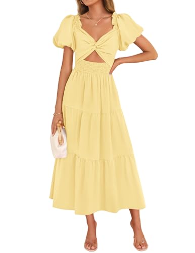 Image of ZESICA Womens Summer Casual Flowy Vacation Maxi Dress 2026 Short Puff Sleeve A Line Smocked Cutout Beach Party Dresses