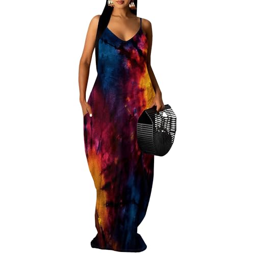 Image of Women's Summer Maxi Dress Spaghetti Strap Floral Boho Beach Long Sundress with Pockets
