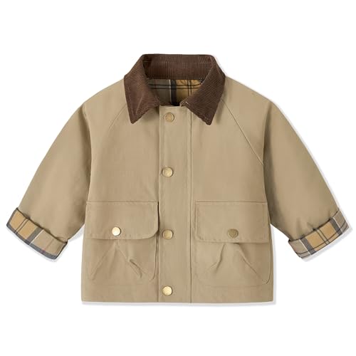 Volunboy Chaquetón Utilitario Vintage para Niños - Ligero con Bolsillos - Edad 2-8 Años(Caqui,2-3 Años,Talla 90)