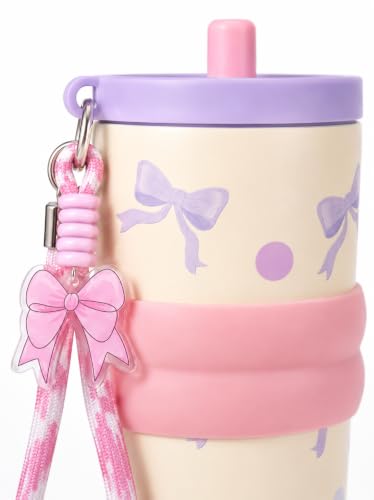 Image of Vasukie Tumbler with Stainless Steel Tumbler with Straw Lid, Wrist Strap & Decorative Bow Charm - Pink & Lavender Travel Cup,Gym,Home YL