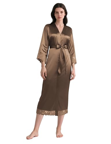 Image of BABEYOND Satin Kimono Robe Silky Long Bridesmaid Wedding Lightweight Bath Robe with Lace Trim