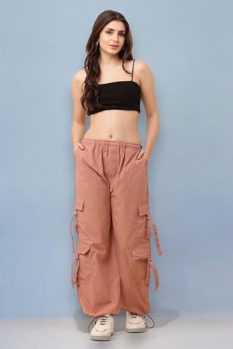 Image of SQew Women's High Waist Baggy Cargo Pants | Loose Fit Parachute Utility Trousers with Multiple Pockets | Casual Streetwear Pants