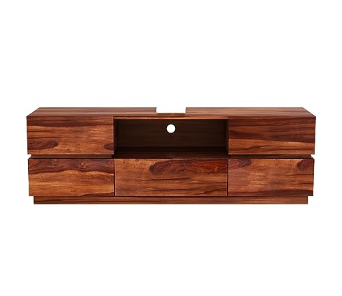 Image of Rustic Solid Sheesham Wood TV Unit Chest of Drawers for Living Room - 5 Drawers and 1 Shelf Storage - Accommodates up to 60 Inch TV (Bayern, Honey Finish)