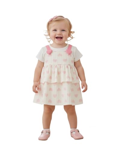 Image of A.T.U.N. (ALL THINGS UBER NICE) Baby Girls 100% Cotton Pinafore Dress with Inner Look Top | Cute Heart Print Design | Soft Touch Flared Fit | Comfortable Stylish Outfit for Babies