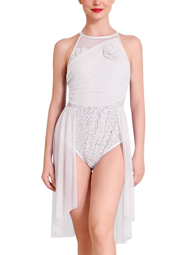IBAKOM Lyrical Dance Costume for Women Mock Neck Flower Sparkly Sequins Leotard Half Chiffon Skirt Sexy Contemporary Dance Dress Ballroom Salsa Jazz Halloween Christmas Dancewear Silver Small