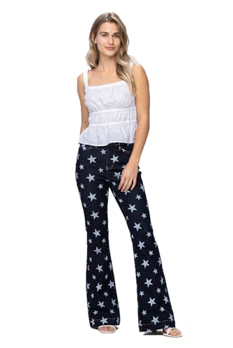 Judy Blue Women's High Waist Star Print Flare Jeans - Stretchy Denim with Vintage Vibe -88662