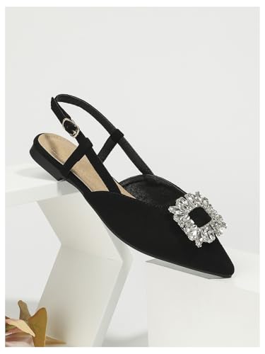 OYOANGLE Women's Rhinestone Decor Pointed Toe Slingback Flats Faux Suede Dress Sandals3