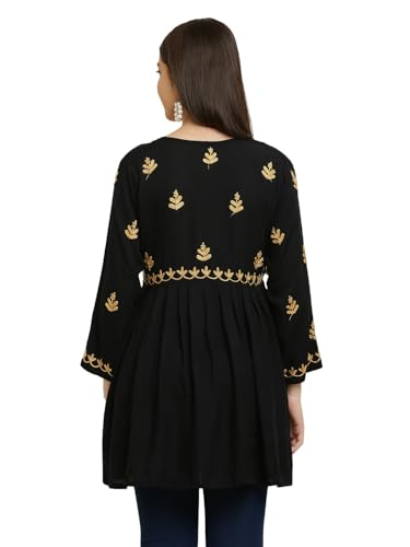 Image of FAWOMENT Women's Ethnic Modish Rayon Short Top with Fine Lucknow Chikankari Aari Embroiderey