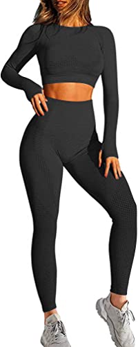 Mayround Lot de 2 ensembles de leggings de yoga côtelés à manches longues avec taille haute, 02 - Noir, S Cover