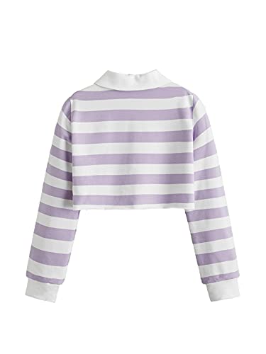 Image of Floerns Girls Striped Print Long Sleeve Half Button Collar Crop Tops