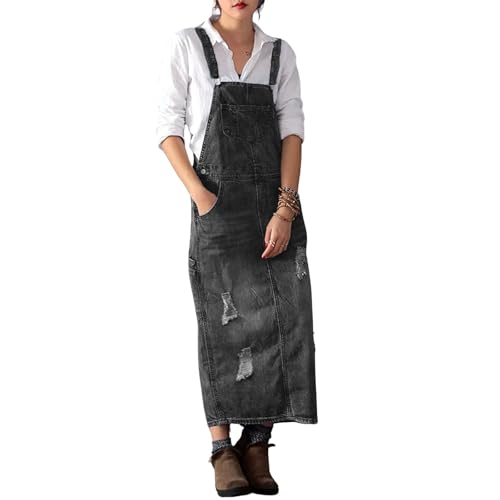 Image of loveimgs Women Distressed Denim Overall Dress Bib Long Jean Jumper Ripped Adjustable Straps Patchwork Pinafore Dress