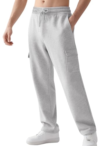 Gihuo Cargo Sweatpants for Men Athletic Baggy Fleece Pants Open Bottom Wide Leg Drawstring Joggers with Pockets