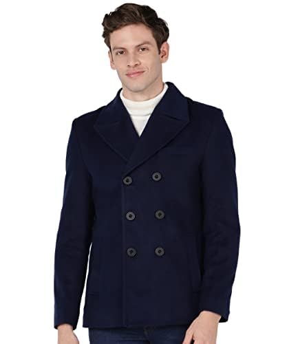 essentiele Men's Double-Breasted Woolen Tweed Navy Blue Coat | Woolen tweed Pea Coat (MEDIUM)-picture-35