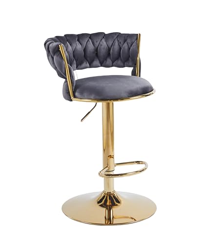 Image of Creative Grey Velvet Bar Chair | Modern Adjustable Bar Stool for Home, Kitchen & Bar Use | Electroplated Metal Base | 1.87 Feet Seat Height | Tufted Design | Qty 2