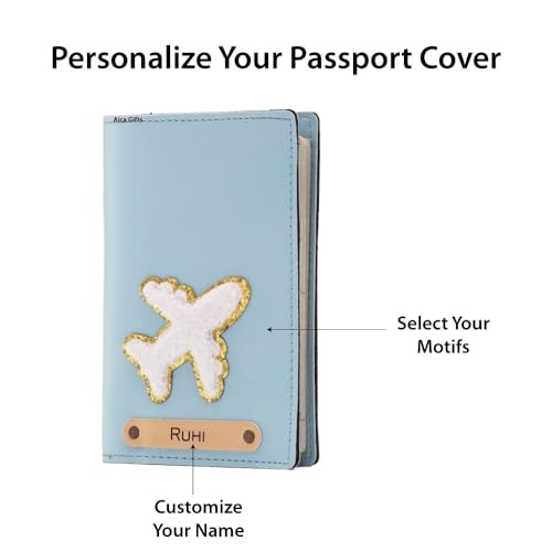 Image of AICA Personalised Name & Embroidery Patch Leather Passport Holder for Men & Women | Gifts for Women| Gift for Man|Passport Cover for Men| Passport Cover for Women (Babyblue)
