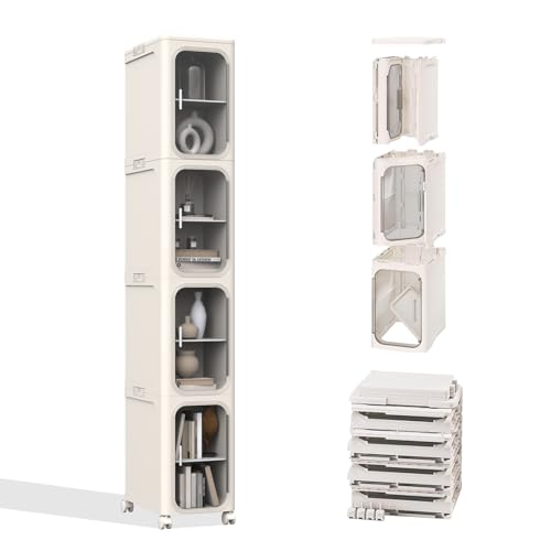 Image of 4-Tier Slim Tall Bathroom Cabinet, Plastic Narrow Cabinet with Doors and Shelves, Floorstanding Skinny Cabinets with Wheels