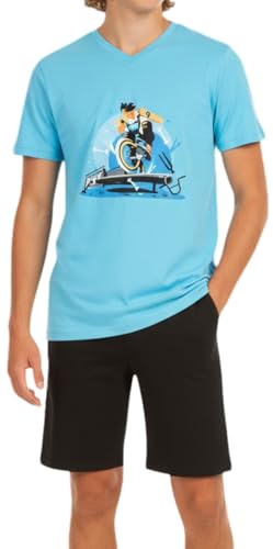 Jungen Schlafanzug kurz weicher Single-Jersey aus 100% Baumwolle in verschiedenen Designs und mit Hose in Bermuda Form (DE/NL/SE/PL Numerisch 164 Regular BMX hellblau)