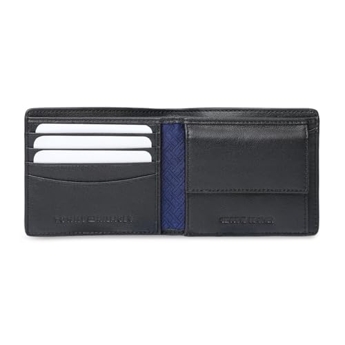 Image of Tommy Hilfiger Men's Leather Wallet Napier | Solid Black Bi-Fold with Global Coin Pocket, 4 Card Slots | Stylish Purse for Gents