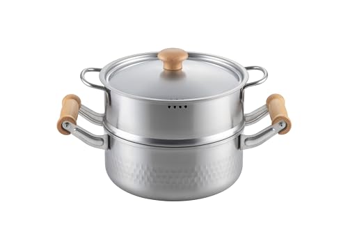 丸山 匠福 二段蒸し器 両手鍋 20cm 槌目付 木柄 蓋付 TF010 IH対応 ガスコンロ対応 ステンレス 両手 たくふく 日本製 燕三条