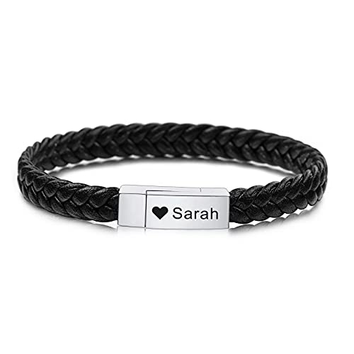MunkiMix Benutzerdefiniert Armbänder Echtes Leder Geflochtener Edelstahl Magnetverschluss Gravur Armreif für Paare Freund Geschenke für Sie und Ihn (Silberverschluss Schwarzer Gürtel)