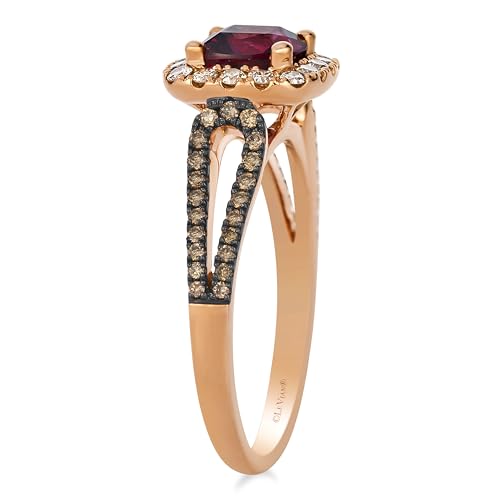 LE VIAN 2/5 Carat White and Chocolate Diamond Halo Ring for Women with 1 Carat Cushion Cut Rhodolite | 14k Rose Gold Split Shank Ring for Her (White, Brown, 0.44 cttw) Engagement Band Size 6 to 83