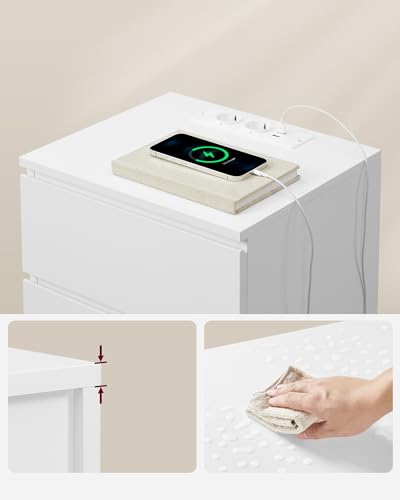 VASAGLE Bedside Table, Set of 2, Side Table, 3 Drawers, Beveled Edge, 2 AC Outlets, 2 USB Ports, Living Room, Bedroom, Study Room, Modern, Cloud White LET831W14