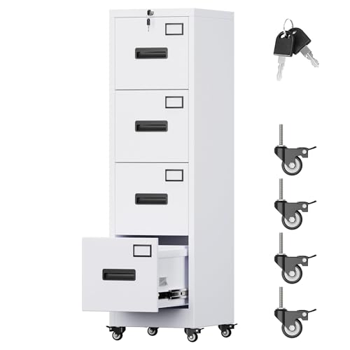 Aobabo 4 Drawer File Cabinet with Wheels, Lockable Metal Filing Cabinet with Name Card for Office and Home,Required Assembly,White