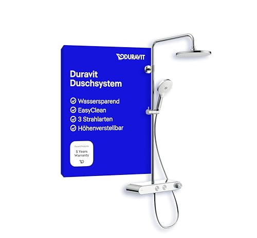 Duravit Duschsystem, wassersparendes Shower System, Duschkopf mit 3 Strahlarten (Rain, Pulse, Mono), im Winkel verstellbar, Duschset reinigungsfreundlich, Duschsystem mit Thermostat, Chrom/Weiß
