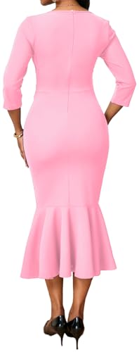 Image of VisiChenup Elegant Dress for Women V Neck Long Sleeve Midi Fishtail Dress | Elegant Dress for Women Long Sleeve Wedding Guest Cocktail Bodycon Dresses with Zipper