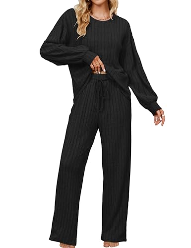 Blooming Jelly Womens Cute 2 Piece Pajama Sets Matching Ribbed Wide Leg Pj Sets Flannel Fall Fall Outfits (L, Black)