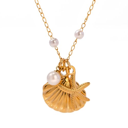 CANYEN® Shell Necklaces for Women, Starfish Pearl Seashell Necklace, 18k Gold Plated Sea Star Charm Beach Accessories, Adjustable Clam Shell Pendant Necklaces, Non Tarnish Waterproof Hawaiian Beachy Ocean Surf Jewelry, Costal Aesthetic Summer Jewellery Gifts for Ladies
