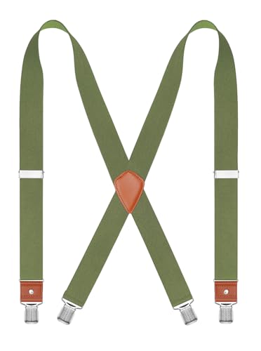 CEAJOO Mens Suspenders Heavy Duty 1.4 Inch X-Back Adjustable Elastic Braces with Strong Clips and Straps Army Green 43