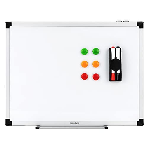 Amazon Basics Magnetic Whiteboard with Pen Tray, Aluminium Trim and Dry-Wipe Writing Surface, 60 x 45cm (WxH), White