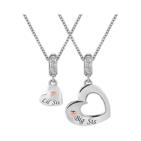 KunBead 18 inch Big Sister Little Sister Rose Gold Tone Heart I Love You Matching Charm Pendant Birthday Necklace set for 2 for Women Cover