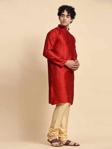 Image of SKAVIJ Men's Dupion Art Silk Ethnic Wear Kurta Pyjama (Red, X-Large)