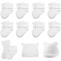 VOSSOT 8 Paar Baby Sneaker Socken, mit einer Babymütze, Erstlingssocken für Neugeborene, Ankle Socks, Unisex Kleinkind Weiß Baby Socken, Babysocken 0-6 Monate, Newborn Set, Jungen Mädchen Söckchen