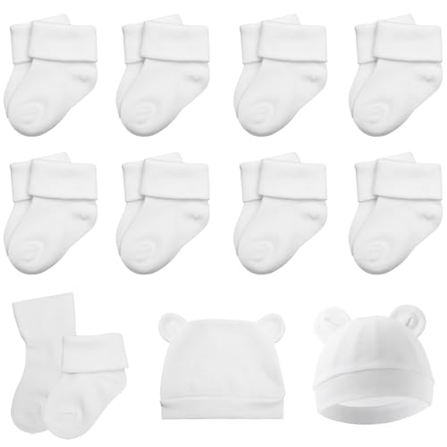 VOSSOT - VOSSOT 8 Paires Chaussettes Bébé, avec un Bonnet pour Bébé, Chaussette Bebe Naissance à Rebords Tournants, Respirant Chaussettes pour Garçon et Fille, Blanches Socken Enfant 0-6 Monat et Plus