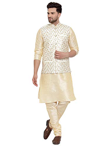 Image of KRAFT INDIA Men's Stylish Silk Kurta with Churidar & Nehru Jacket Set