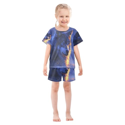 ALAZA Wolf Moon Magic Pajamas Set Short Sleeve Cotton Sleepwear Summer Pjs 2 Piece 5-14Y3