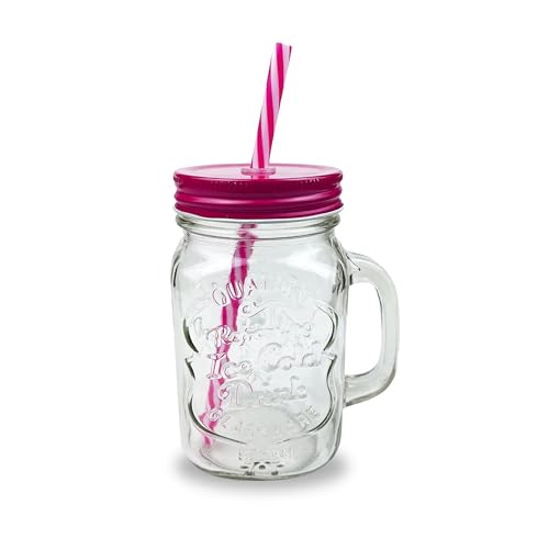 AIBULO 500ml Mason Jar – Pink Glass Jar with Lid and Straw – Reusable Drinking Jar for Smoothies, Milkshakes, Juices, Iced Coffee, Cold Brew & More – Colourful Eco-Friendly Glassware for Daily Use