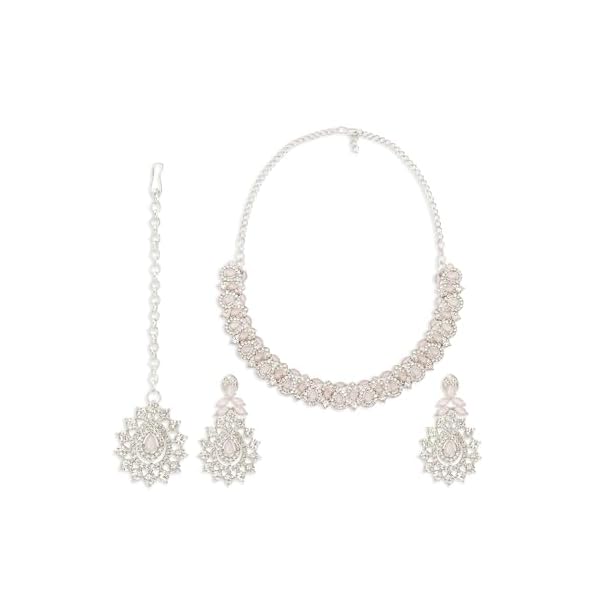 Vatsalya Creation Silver Indian Jewelry Set for Women, Necklace, Earrings and Maang Tikka