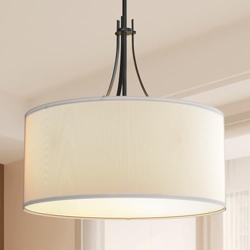 DORESshop Black 5-Light Farmhouse Drum Chandelier, 19.7'' Large Pendant Light with Linen Shade...
