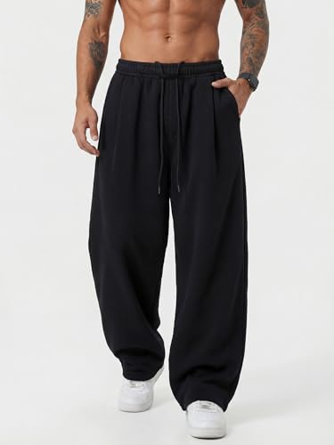 Image of Mens Baggy Sweatpants Wide Leg Casual Elastic Waist Drawstring Athletic Loose Jogger Fall Sweat Pants with Pockets